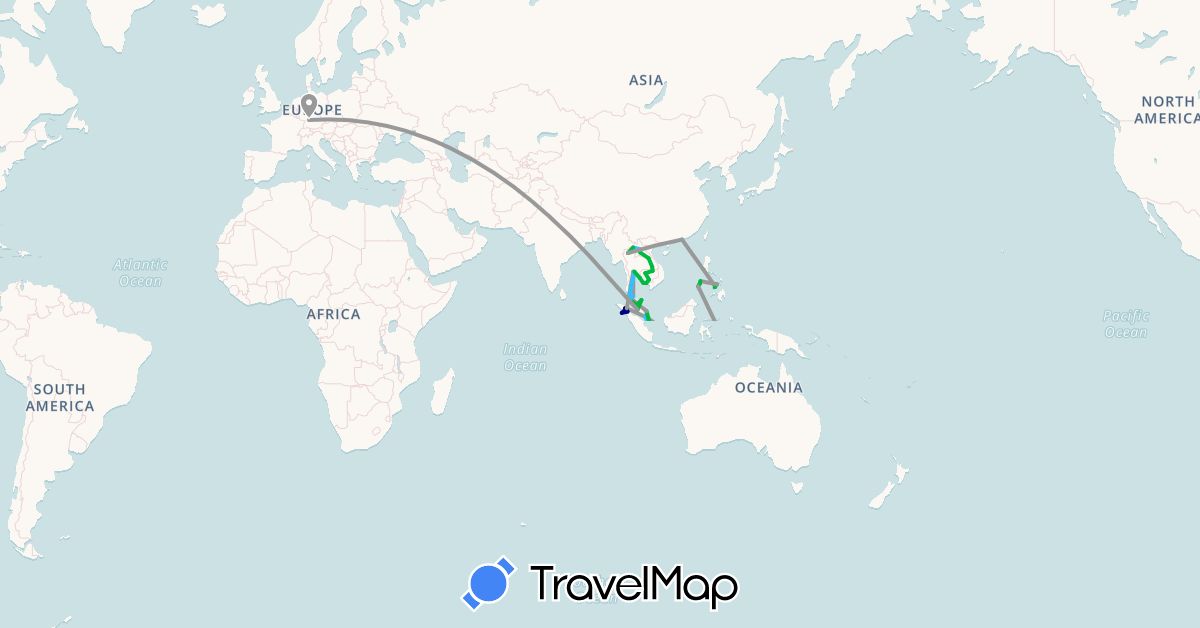 TravelMap itinerary: driving, bus, plane, boat in Australia, China, Germany, Indonesia, Cambodia, Laos, Malaysia, New Zealand, Philippines, Singapore, Thailand (Asia, Europe, Oceania)